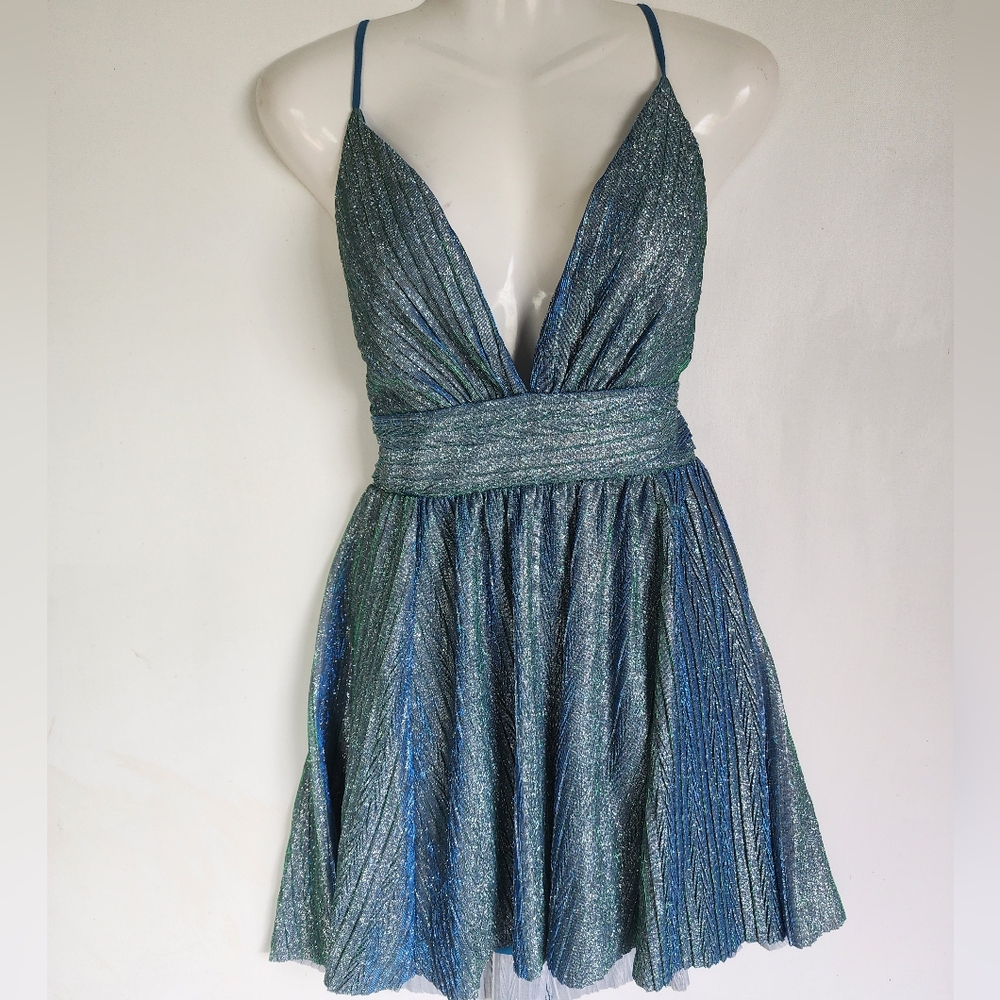 Lulus Stop the Show Blue Glitter Skater Dress Size L - Picture 4 of 10